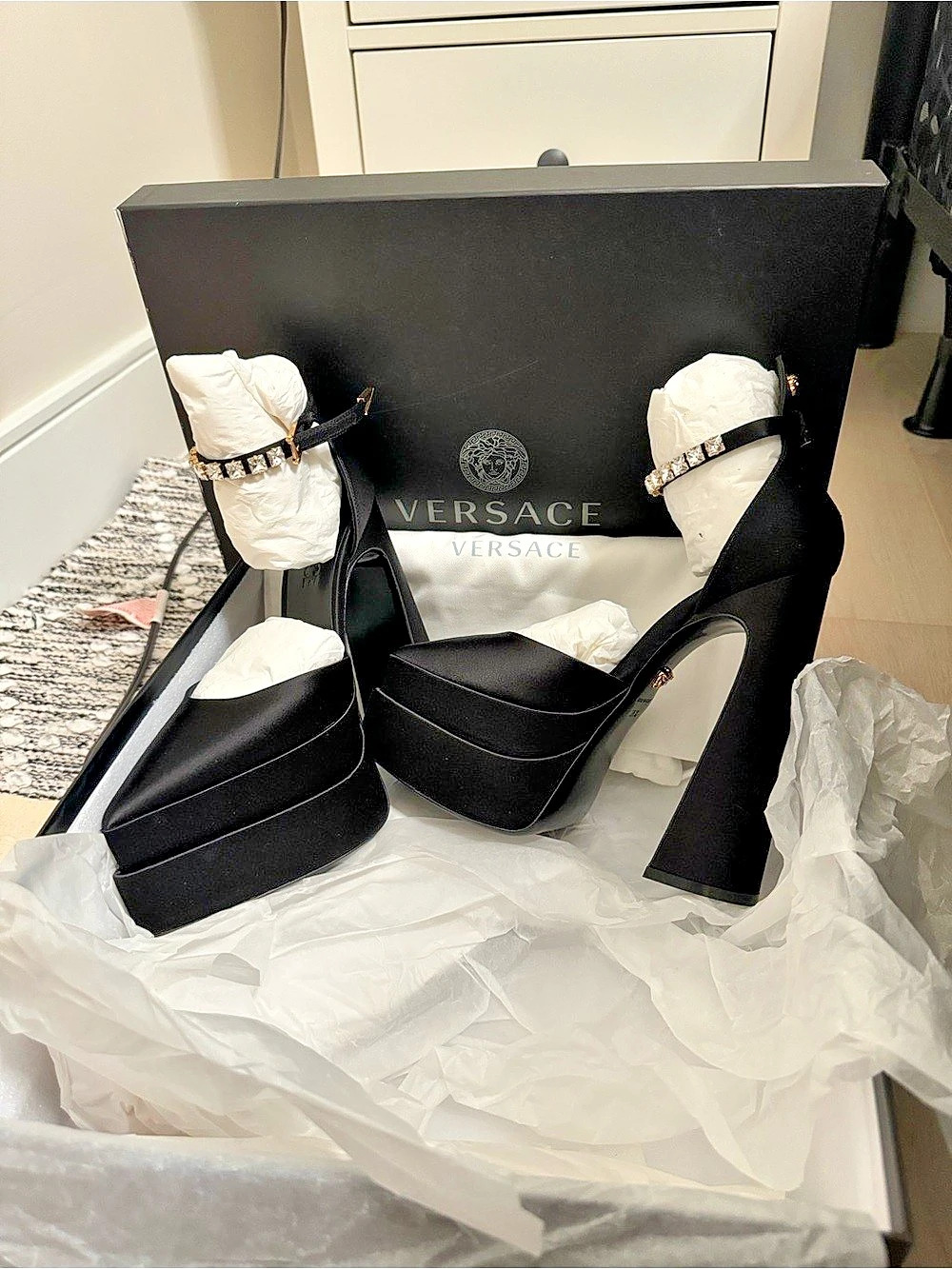 Versace Medusa Aevitas Satin Platform Pumps Black